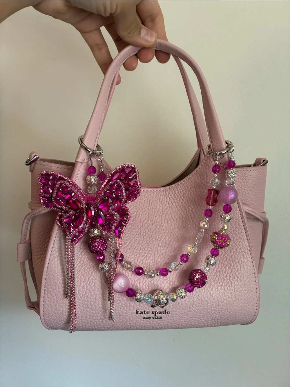 Pink Rhinestone Butterfly Charm Beaded Bag Chain - Picture 1 of 2